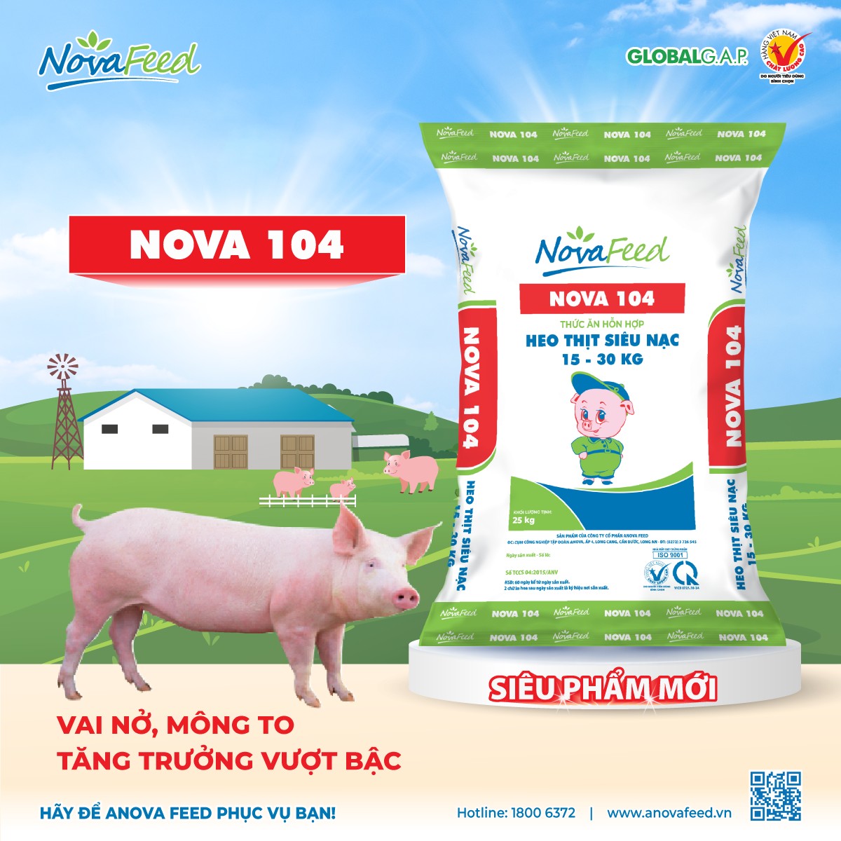 NOVA 104 - THỨC ĂN HỖN HỢP HEO THỊT SIÊU NẠC TỪ 15KG - 30KG